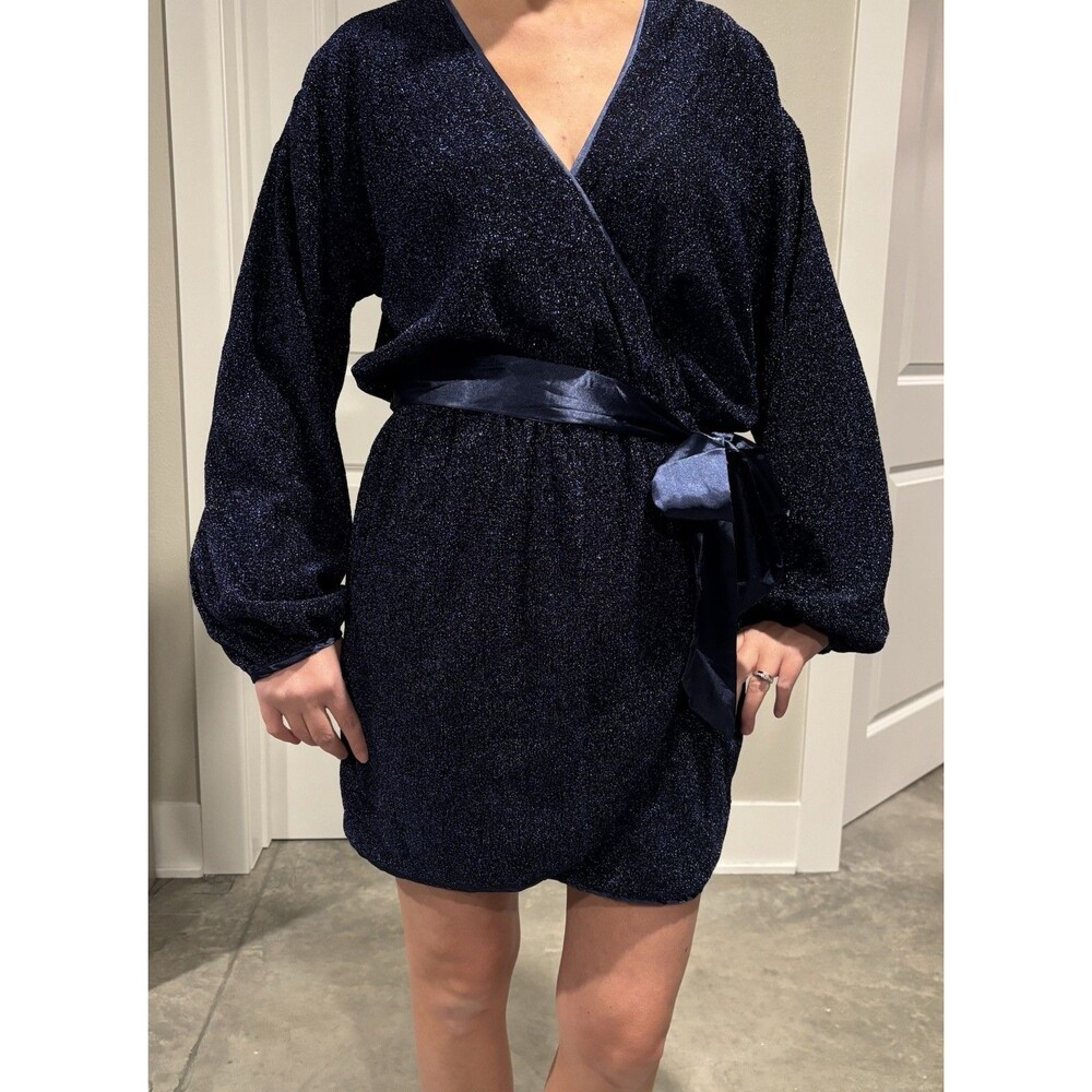 NWT Miss Avenue Sequin Mini Wrap Dress Blue Womens Medium Long Sleeve Party
